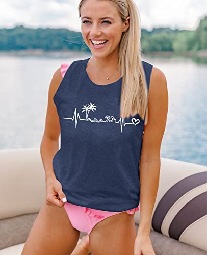 Beach Heartbeat Tank Tops For Women Summer Sleeveless Love Graphic Print T Shirt Boating Gifts Vacation Muscle Shirt Dark Blue #TOP4