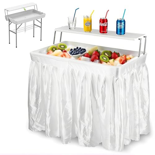 LHBcraft Outdoor Ice Cooler Folding Table with Extra Storage Shelf,Ice Tables for Parties with Drain,Cooler Server for Camping, Picnic, Wedding, BBQ, White