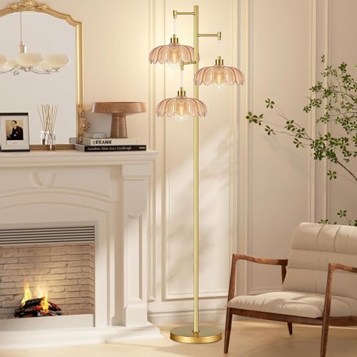 Image of Vintage Floor Lamps for Living Room Bedroom-3 Light Glass Floor Lamp with Three Led Bulb, Flower Tall Floor Lamp Gold Mid Century Modern Standing Lamp Tree Floor Lamps for Living Room Bedroom Corner