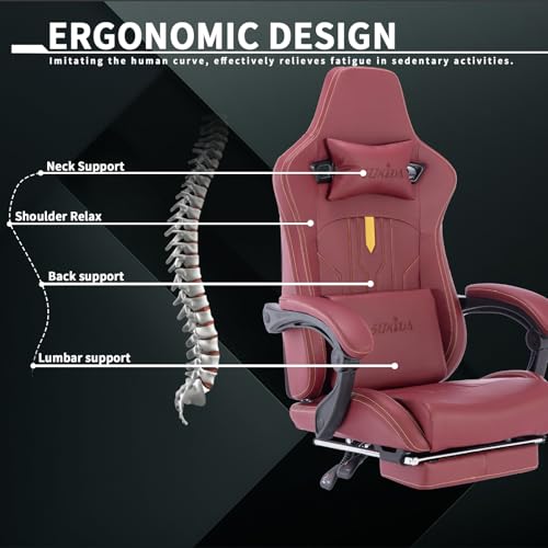 Image of Gaming Chair with Footrest Ergonomic Computer Chair Massage Lumbar Cushion, Racing Video Game Chair Adjustable Rocker Recliner Executive Office Desk Chair Pu Leather for Adults, WineRed