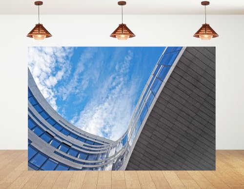 5x5ft Curved Glass Office Tower Backdrop Smooth Curve Facade Steel Panel Cloud Blue Sky Low Angle Shot Photography Background Tapestry Contemporary Architecture Decorations Photo Props