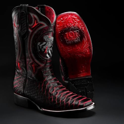 Men’s Genuine Leather Exotic Python Snakeskin Print Square Toe Cowboy Western Boots - Black Cherry2