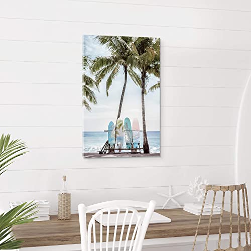 Surfboard Canvas Wall Art Bathroom: Beach Scene Ocean Picture Coastal Palm Tree Print Surf Seascape Painting Sea Seascape Seaside Artwork Decor for Living Room 16’’ x 24’’ - Image 2