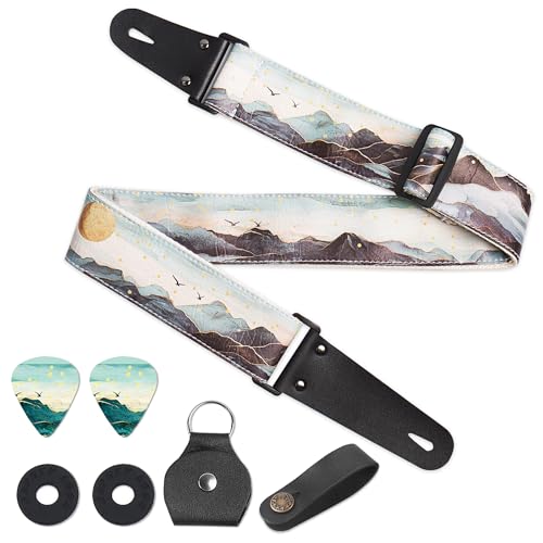 Image of Adjustable Guitar Strap Includes 2 Strap Locks & 2 Matching Picks & 1 Picks Holder & 1 leather Strap Button.
