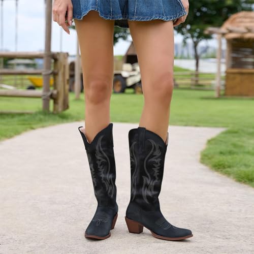 Image of KaroNairy Women Cowboy Boots Faux Suede Embroidered Pointed Thick Heeled Western Wide Calf Cowgirl Ponited Toe Mid Calf Boots