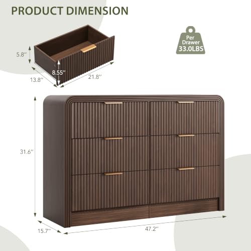 Image of Decofy Fluted 6 Drawers Dresser, 47.2'' Wide Chest of Drawers for Bedroom