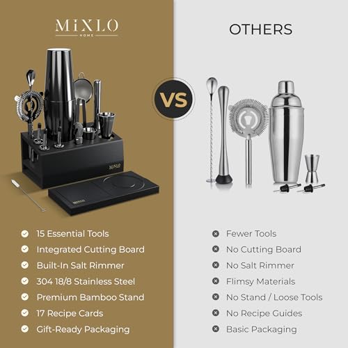 MIXLO HOME Mixology Bartender Kit - 15Pcs Bar Set Cocktail Shaker Set w Black Bar Cart Accessories Stand - Shakers Bartending Gun Metal Black Tools, 24oz Shaker, 17 Recipe Cards, Martini Barware