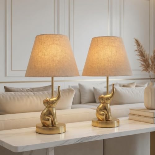 Image of BEHOMA Luxury Elephant Figurine Table Lamp Set, Antique Gold - Set of 2 | Luxury Aluminium Elephant table lamp in Antique Gold - as an accent lighting piece for living room - great housewarming gift