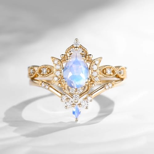 1CT Moonstone Wedding Ring Set for Women 925 Sterling Silver 10K 14K 18K Gold Moonstone and Moissanite Engagement Ring Set Anniversary Promise Rings3