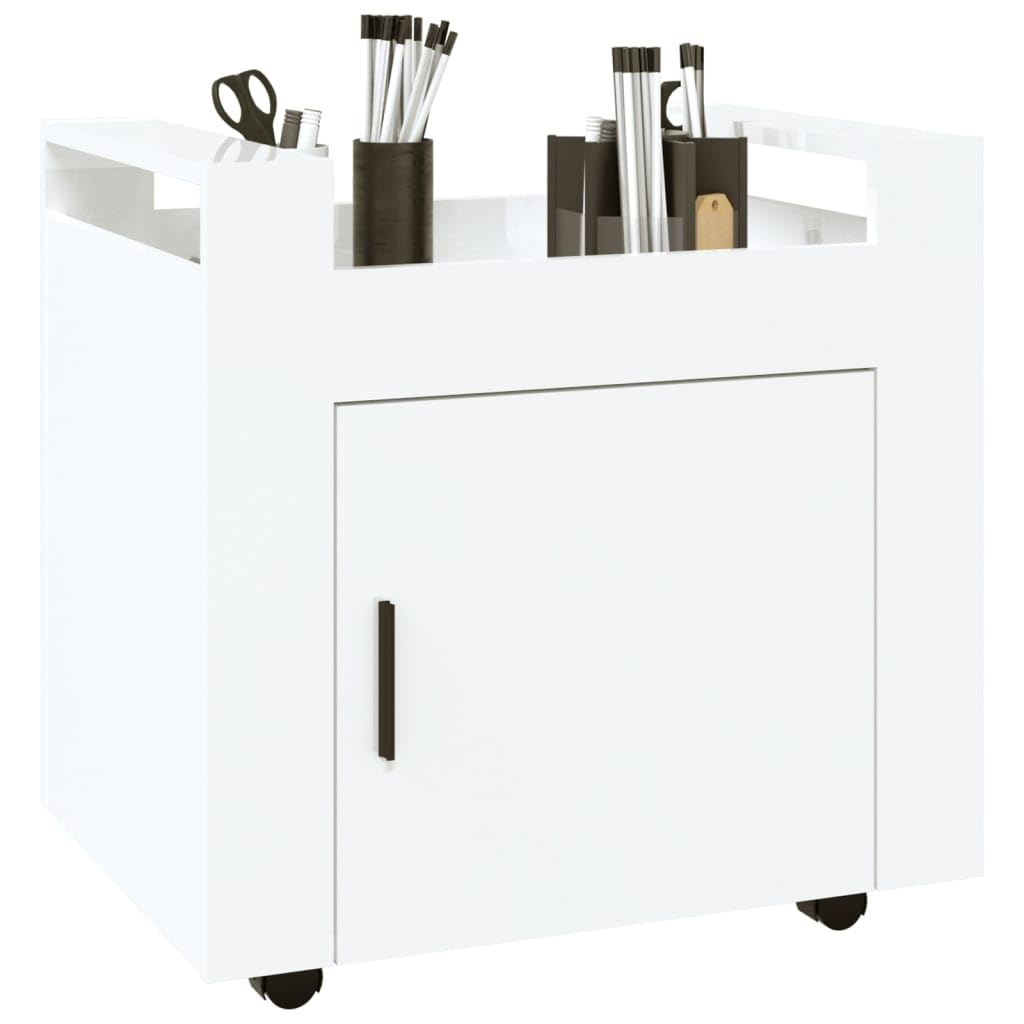 Hochglanz-Weißer Bürowagen 60x45x60 cm aus Holzwerkstoff mit 4 Rollen, stabile Oberfläche, Stauraum, Tür, ideal für Büroorganisation, langlebig, leicht beweglich, pflegeleicht