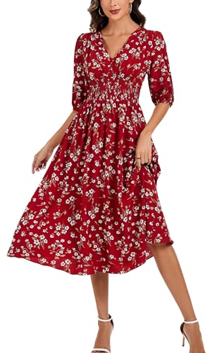 Image of Kormei Women Casual Boho V Neck 3 /4 Sleeve Smocked Waist A Line Flowy Swing Midi Dress Smocked Long Dress