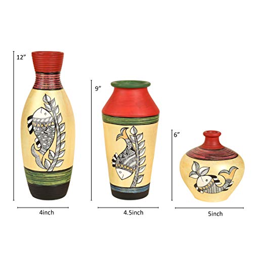 Image of Aakriti Art Creations Handpainted Earthen Vases with Madhubani Art Set of 3 | Red & Shimmer Gold Terracotta Flower Vases | Matte Finish Decorative Vases for Living Room, Table Decor & Gifting