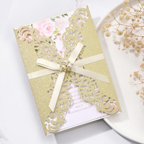 Maffily 50PCS Gold Wedding Invitations, Gold Glitter Laser Cut Invitation Sleeves for Wedding Bridal Shower Engagement Anniversary Quinceañera Birthday Invites (Blank Cards)