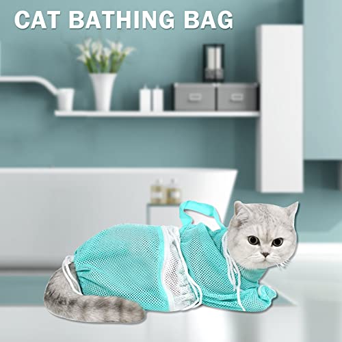 Image of JULMELON 10 PCS Cat Washing Bag for Bath Shower Adjustable Net Grooming Set | Pet Brush Nail Clipper File, Hair Combs Tick Tool, Nail Caps, Bathing Trimming Examination, Grey and Green