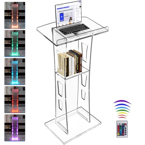 Vakiorn Podio acrílico, Atril de acrílico Transparente con Estante de Almacenamiento, púlpito de la Iglesia con luz LED de 15 Colores, Soporte de podio de Estabilidad para Iglesia, conferencias