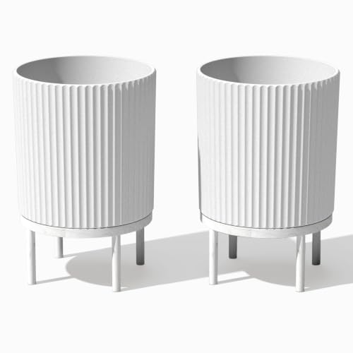 Image of Veradek Demi Series Raised Planter - Round Planter with Stand | Made From a Durable Plastic-Stone Composite & Comes With Wooden Stand. Modern Porch /Patio Decor