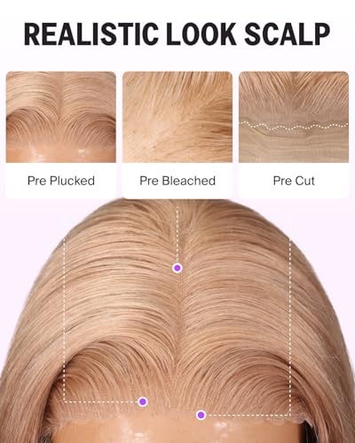 MEGALOOK Salon-Quality Ready to Go Glueless Wigs Human Hair 220% Density 5x6 Pre Cut HD Lace Front Wig 12A Silky Straight Wig Real Plucked Bleached Knots Light Brown Blonde Wigs Human hair 16 Inch - Image 4