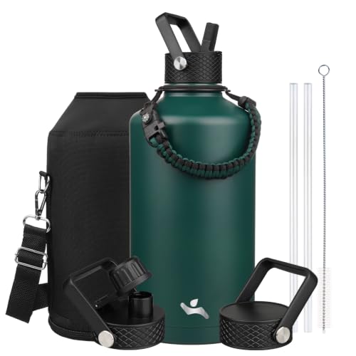 Image of Konokyo Gallon Insulated Water Bottle with Straw,128 oz 3 Lids Water Jug with Carrying Bag,Paracord Handle, Double Wall Vacuum Stainless Steel Metal Flask,Dark Green