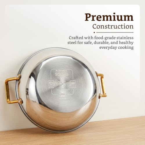 Image of Amazon Brand - Solimo Premium Triply Stainless Steel Kadhai 26cm (3.2L) | SS Lid | Even Heating | Gas & Induction Compatible | Dishwasher Safe | Food Safe SS 304 | Elegant Golden Handles | BIS Certified