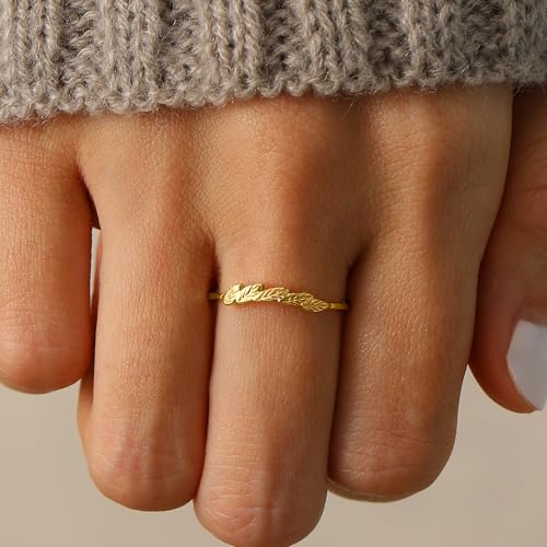 Olive Branch Leaf Ring for Women 925 Sterling Silver Leaves Rings 14K Plated Gold Stackable Rings for Her Promise Wedding Valentine's Day Christmas Back to school season Wedding Jewelry Gifts3