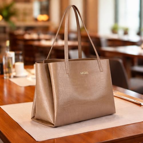 Image of LEEZEL Women's Structured Tote Bag - Large Capacity Work & Travel Purse Croco Pattern Vegan Leather Stylish Tote Bag Classic Everyday Shoulder Bag