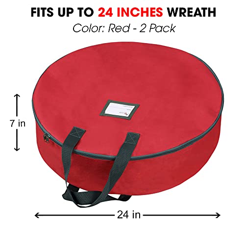 Primode Christmas Wreath Storage Bag 24" - 2 Pack Artificial Wreath Container - Garland Holiday Xmas Wreaths Holder - Sturdy Handles - Inner Straps - Card Slot Dual Zipper Strong Oxford (24 Inch, Red) by Primode - Image 3