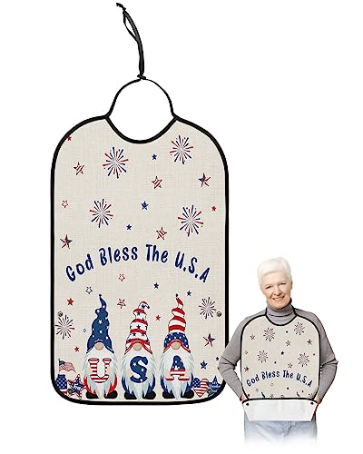Kewadony Adult Bibs for Elderly Women - 4th of July USA Gnomes Waterproof Dining Clothing Protectors with Crumb Catcher for Eating/Feeding, Independence Day American Flag Terry Cloth Bib Washable