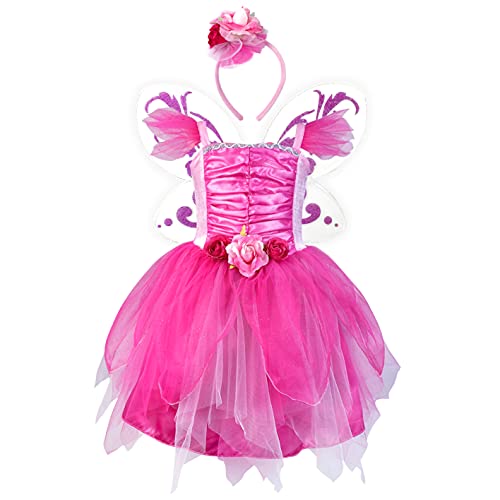 DJDLPARTY Hot Pink Fairy Costume for Girls 4T, Kids Toddler Fairy Dresses with Butterfly Wings and Flower Headband for Hallowen Cosplay Birthday
