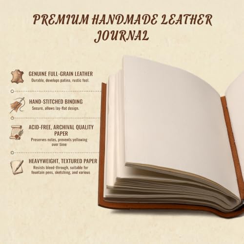 Image of Scratch Leather Journal 8x6 - Handmade Light Brown Vintage Notebook with 240 Pages - Personal Organizer, Travel Diary, Scrapbook, Sketchbook Gift for Men & Women