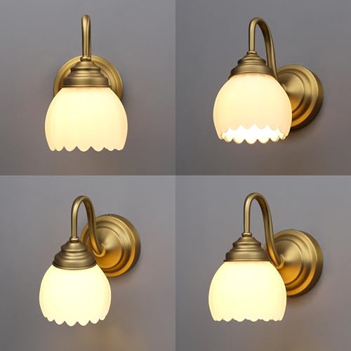 Image of Phansthy Vintage Brass Boho Wall Sconces, Hardwired Wall Lights with Tulip Glass Lampshade, Brass Vanity Lamp Modern Wall Lighting Fixtures for Bedroom, Living Room, Hallway (Antique + White Shade)