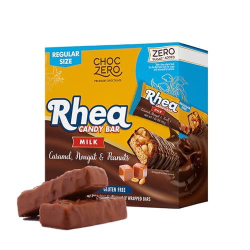 ChocZero Milk Chocolate Caramel Peanut & Nougat Candy Bars, No Added Sugar, High Fiber, Gluten Free, Keto Friendly Full-Size Rhea Bars (1.86 Ounce Each, 6 Count Box)