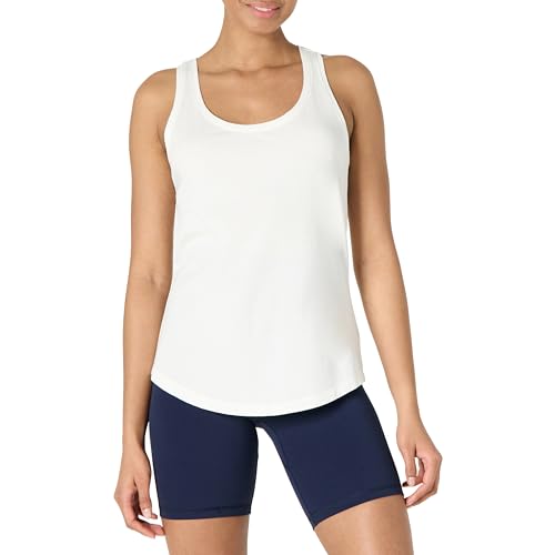 Amazon Essentials Womens Active Soft Cotton Modal Jersey Knit Scoop Neck Racerback Relaxed Fit Lightweight Yoga Tank Top with Curved Hem White Small