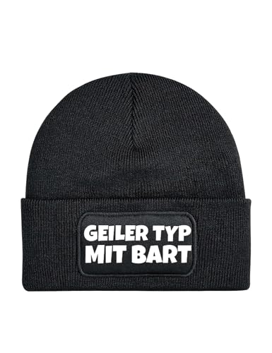 Mütze Beanie Geiler Typ mit Bart Wintermütze Statement Spruch Print Geschenk Unisex Strickmütze für Herren und Damen - Schwarz