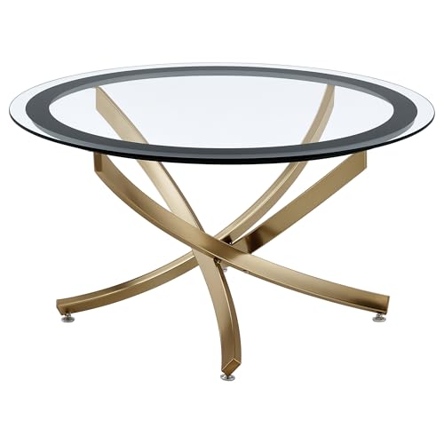 Coaster Home Furnishings - Brooke - Glass, Metal - Round Coffee Table with Clear Glass Top, Crisscross Metal Legs and Black Trim - Living Room - 35.5 Inch - Rose Brass - 707888
