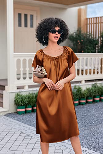 Ekouaer Womens Satin Sleepshirt Loose Silk Satin Nightgown Long Nightshirt Short Sleeve Sleepwear(Light Brown Large) #TOP26
