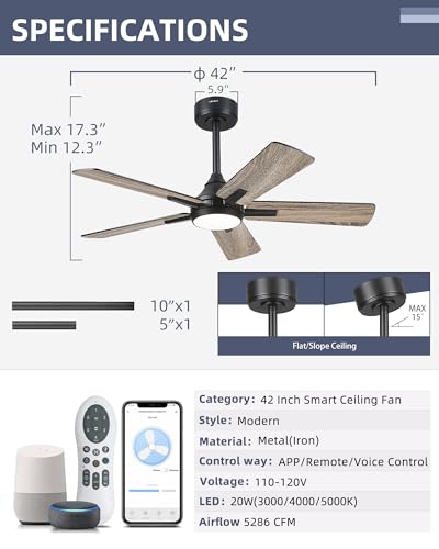 Image of YOUKAIN Ceiling Fans with Lights, 42 Inch Black Ceiling Fans, Smart Ceiling Fan Works with Voice Control & Remote Control, Reversible Blades, Modern Led Ceiling Fan for Bedroom, 42-YJ812-BK