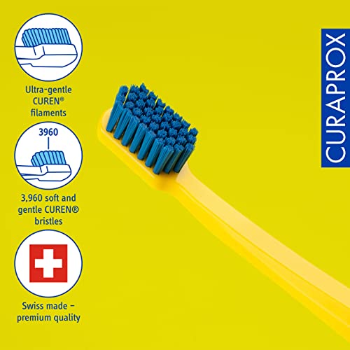 Curaprox CS 3960 Super Soft Toothbrush – Adult Tooth and Gum Care | Super Soft Curen® Bristles for Gentle Cleaning | Yellow-Blue, Single Pack | Made in Switzerland