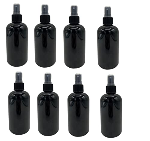 Natural Farms 8 oz Plastic Black Boston BPA FREE Bottles - 8 Pack Empty Refillable Containers - Essential Oils Cleaning Products - Aromatherapy - Black Fine Mist Sprayers - Made in the USA