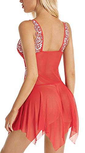 Lingerie for Women Front Closure Babydoll Lace Chemise V Neck Mesh Sleepwear (S, Red)