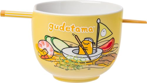 Silver Buffalo Sanrio Hello Kitty and Friends Gudetama Lazy Egg Sailing In Ramen Ceramic Ramen Noodle Rice Bowl with Chopsticks, Microwave Safe, 20 Ounces
