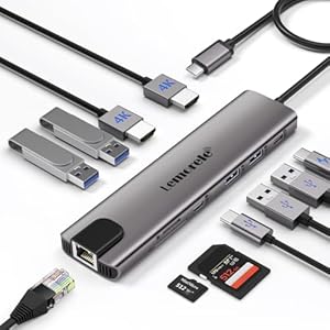 Lemorele Docking Station Dual HDMI -11 en 1, Aluminium Hub USB-C con Gigabit Ethernet, 2 HDMI 4K, 4 USB 3.0/2.0, PD 100W, USB-C 3.0 Dato, SD/TF, USB C Hub a MacBook/DELL/HP/Surface