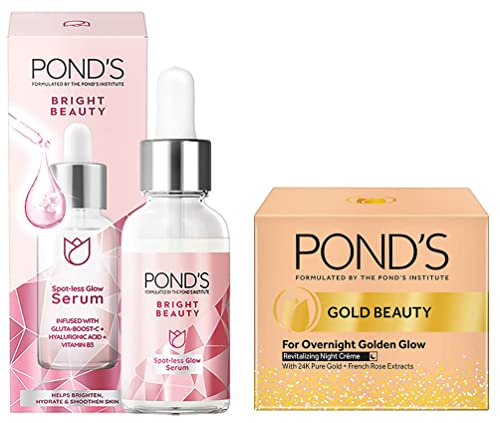 Image of Pond's Bright Beauty Spot-less Glow Serum, Infused with Hyaluronic Acid, Vitamin B3, Gluta-Boost-C, 30ml & Pond's Gold Beauty Night Cream 35 g