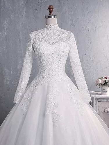 Womens Lace Wedding Dresses for Bride A Line Long Sleeve Beaded Tulle Bridal Gown with Appliques2