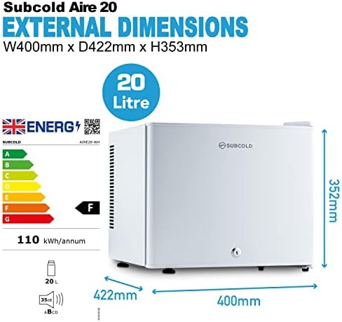 Subcold Aire20 LED Mini Fridge | 20L Small Table Top Model | Quiet Frost Free Fridge for Bedrooms & Hotels | Lockable with Solid door & interior LED light (White)