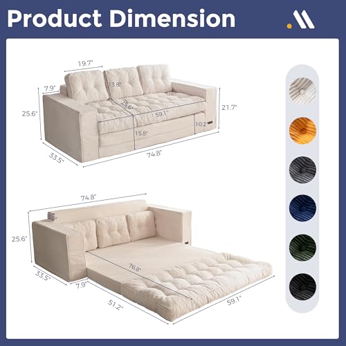 Image of MAXYOYO Convertible Sofa Bed, Pull Out Oversized Loveseat Sofa Couch, 2 in 1 Folding Couch Bed, Fold Out Floor Couch with Pillows for Living Room Bedroom Lounge, Beige