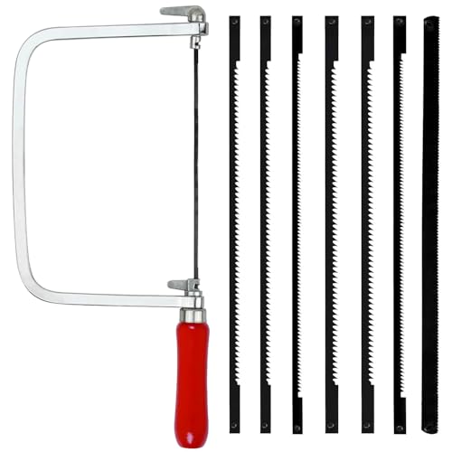 UQTUKO Set di seghe per traforo, con 7 lame e 1 curva per sega a traforo (14/18/24 denti), girevole a 360 gradi con manico in legno, sega a gattuccio, per metallo e legno, tagli precisi