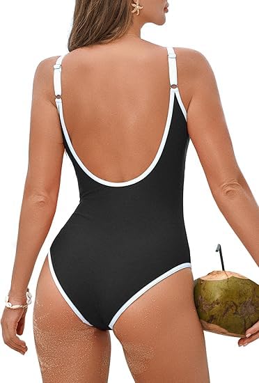 Zando Badeanzug Schwimmanzug Damen Bauchweg Schwarz, Swimsuits for Women, Sport Shape Badeanzug Für Damen, Swimming Suits Women, Schwarz-Weiß, L