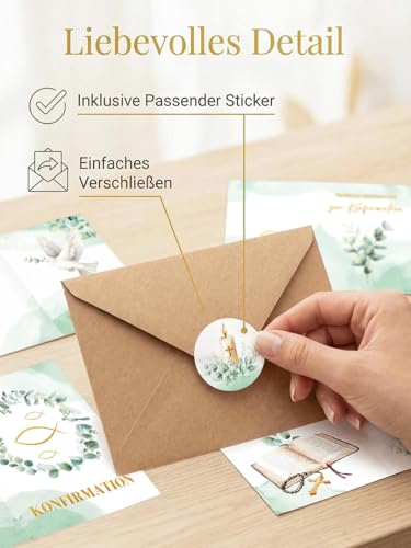 12er Konfirmationskarten mit Umschlag Siegel-Aufklebern Set, Glückwunschkarte Konfirmation mit Eukalyptus Design, Karte Konfirmation Mädchen Junge - A6, Premium Motive Klappkarten