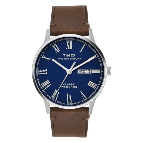 TIMEX Waterbury Classic Analog Watch for Man with Blue Round Dial & Brown Leather Strap Band Water Resistant Men's Wrist Watches - TWEG26502