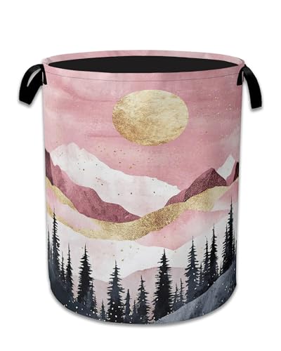 Image of Mountains Laundry Basket,Foldable Oxford Cloth Sun Forest Golden Pink Laundry Hamper with Handles, 20.8 inchx16 inch Tote Bag Clothes Storage Bucket for Laundry Room /Bathroom /Bedroom /Dormitories